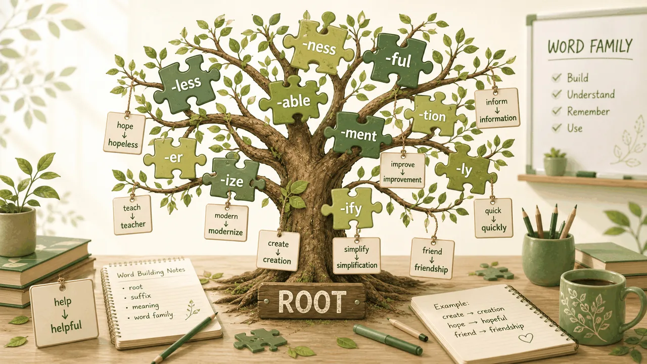 Illustration of a suffix tree where puzzle pieces grow on the branches