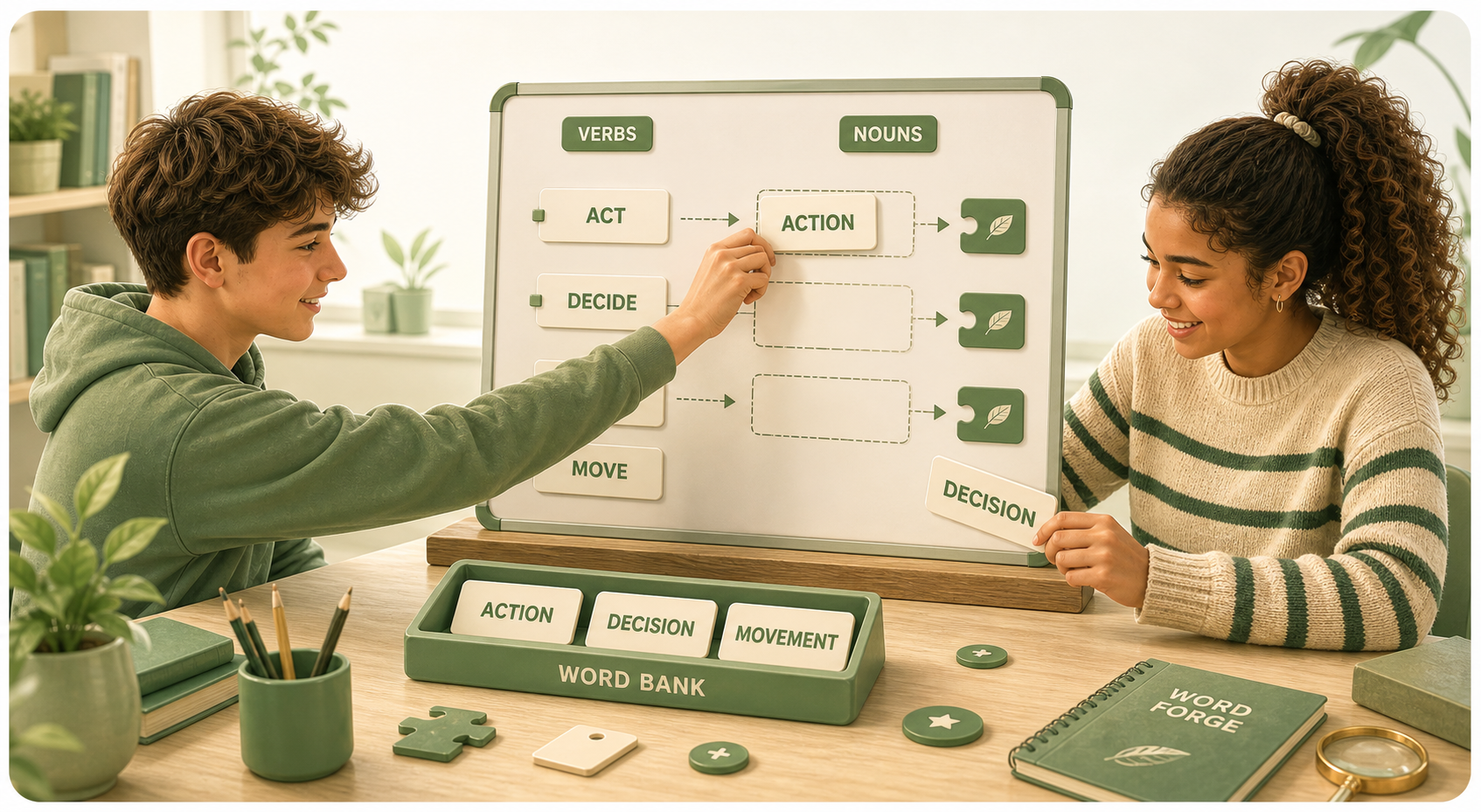 Teenage learners using a word bank board to turn verbs into nouns