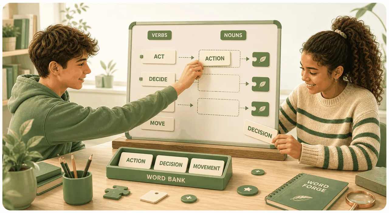 Teenage learners using a word bank board to turn verbs into nouns