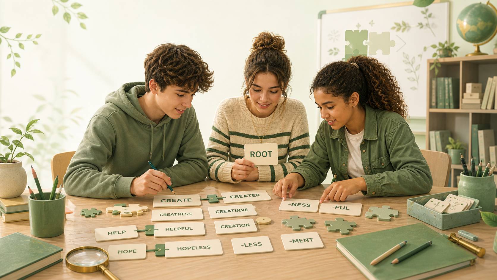 Teenage learners arranging root and suffix cards into word families