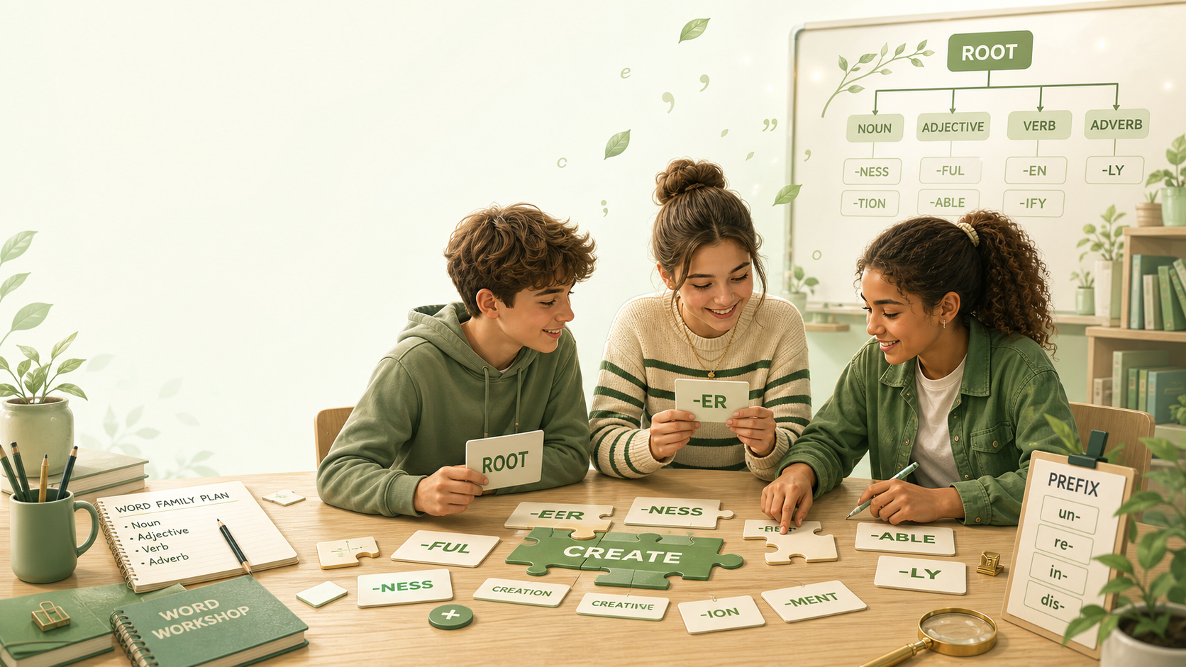 Teenage learners building a word family with root, suffix and prefix cards