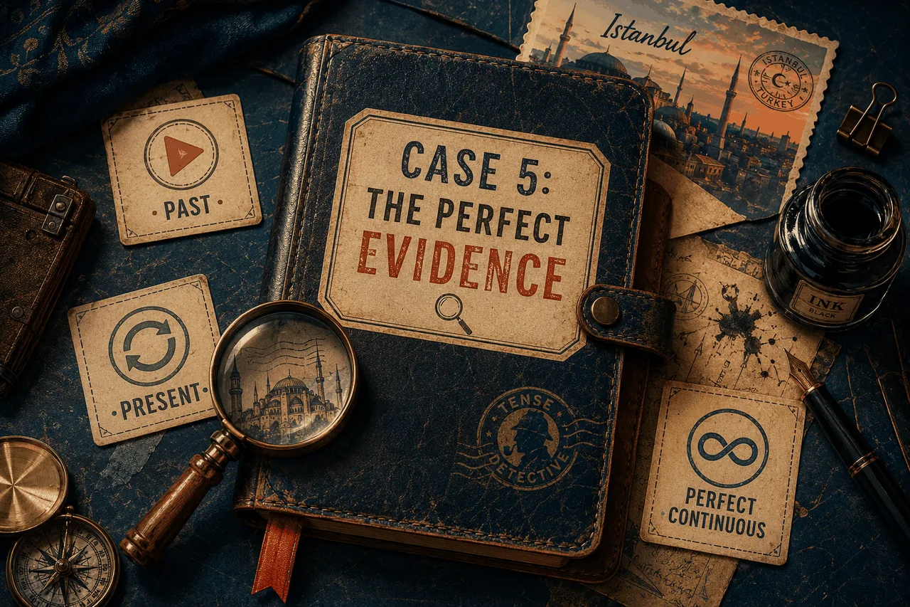 Tense Detective Case 5 · The Perfect Evidence. A vintage leather notebook on a desk with a magnifying glass, ink bottle, compass and an Istanbul postcard. Four tense badges around: Past, Present, Tense Detective stamp, Perfect Continuous.