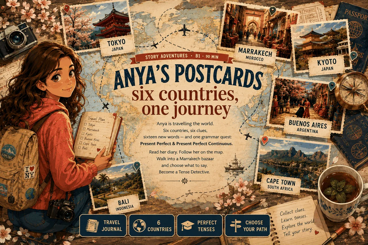 Anya's Postcards · six countries, one journey. A girl with a travel journal and a backpack, surrounded by vintage postcards from Tokyo, Marrakech, Kyoto, Buenos Aires, Bali and Cape Town. Story Adventures · B1 · 90 min. Travel Journal · 6 Countries · Perfect Tenses · Choose Your Path.