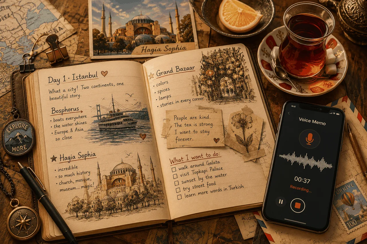 Anya's open travel journal — Day 1 in Istanbul, with handwritten notes about the Bosphorus and Hagia Sophia, a Turkish tea cup, and a phone recording a voice memo.