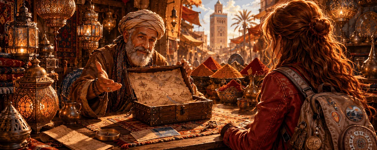 A Marrakech bazaar scene. An old vendor with a white beard opens a small wooden box showing an antique hand-drawn map. Brass lanterns hang above. Pyramids of spice. Anya, seen from behind, watches.