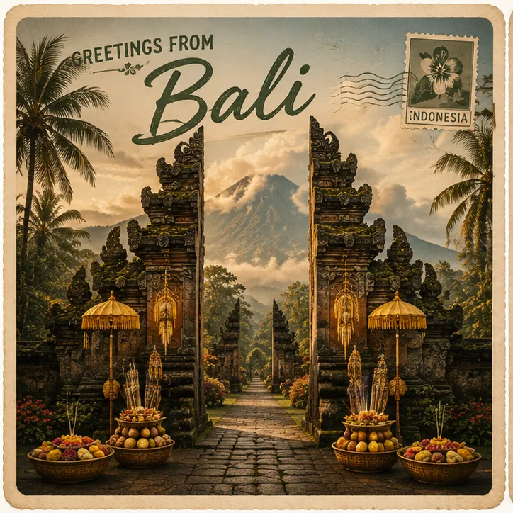 Greetings from Bali · stone temple gate with offerings.