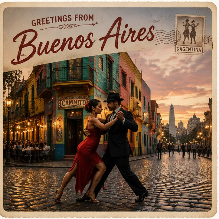 Greetings from Buenos Aires · tango on cobblestone street at sunset.