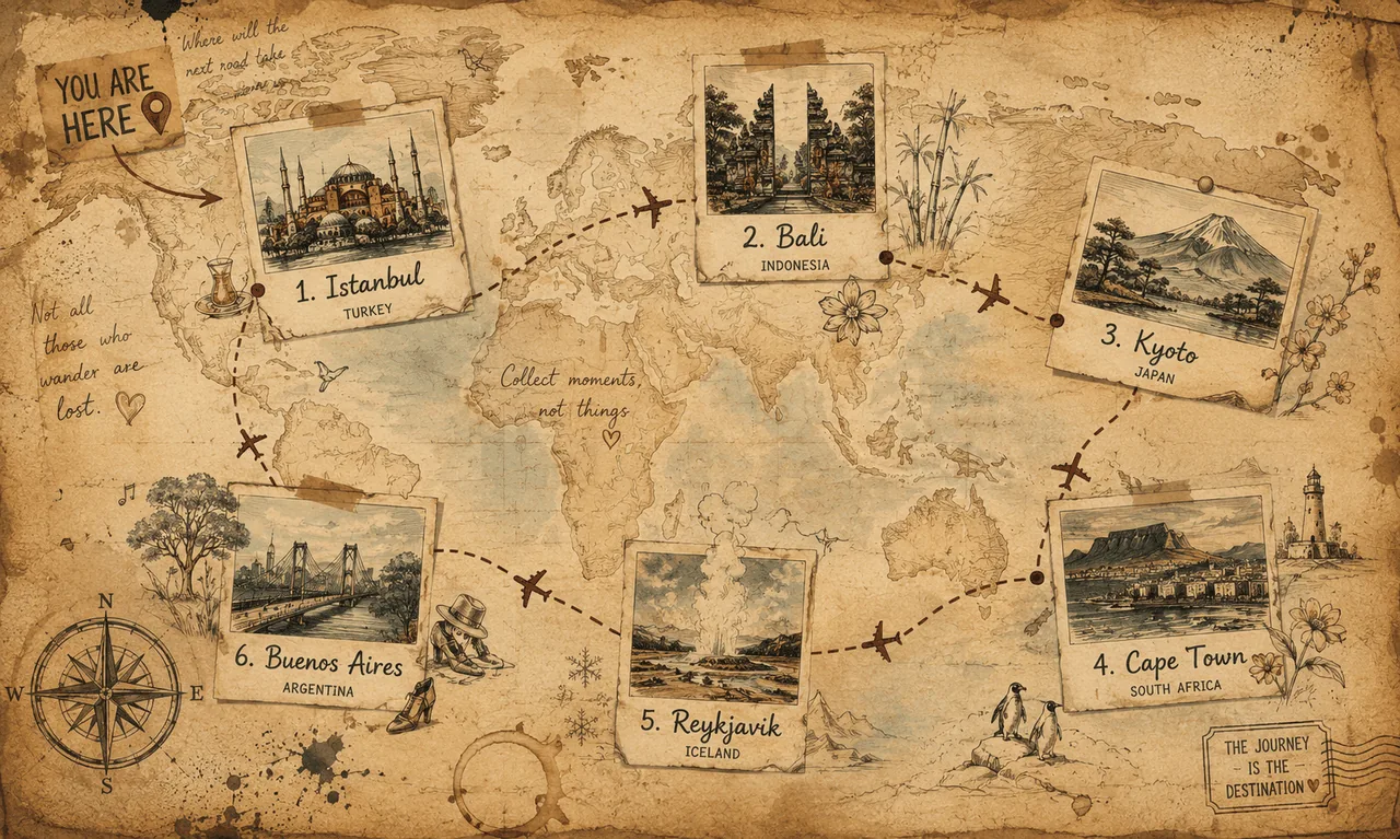 Anya's hand-drawn world map with six destinations connected by a dotted travel route.