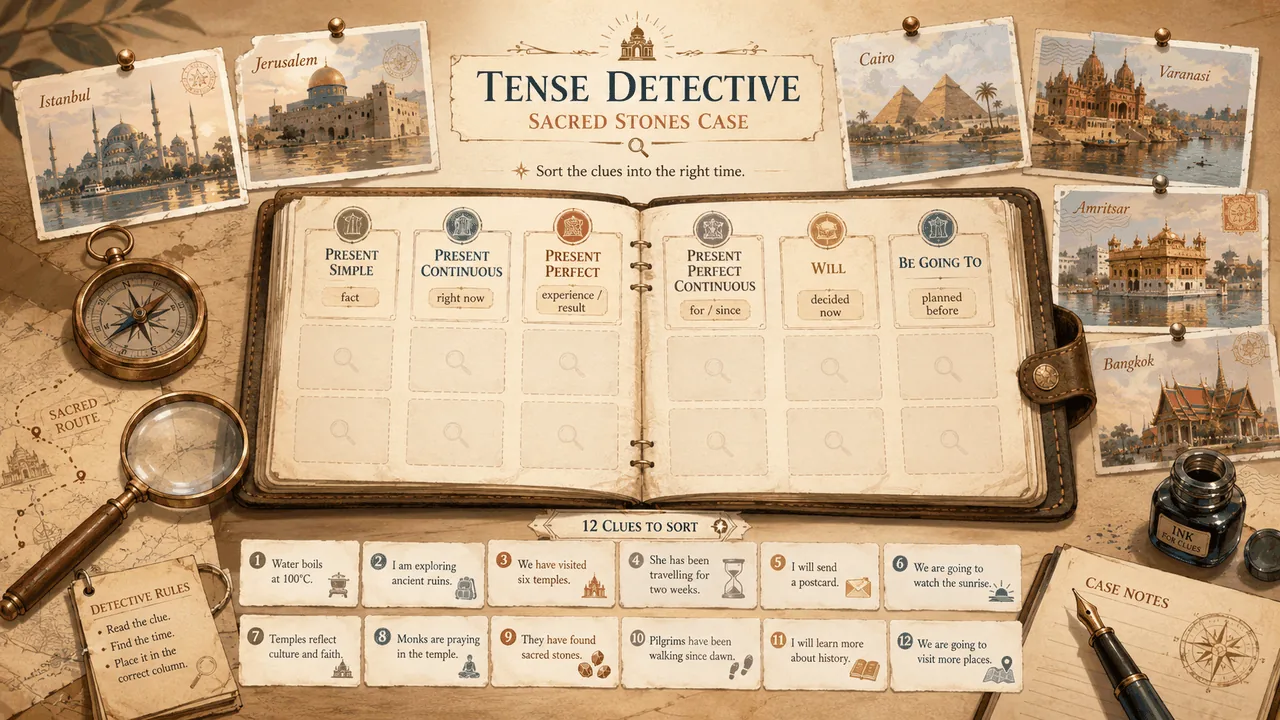 Tense Detective · Sacred Stones case. A vintage leather notebook on an expedition desk with a magnifying glass, brass compass, ink bottle and six small postcards from Istanbul, Jerusalem, Cairo, Varanasi, Amritsar and Bangkok. Six tense badges along the spine of the open notebook and twelve handwritten clue cards spread below.