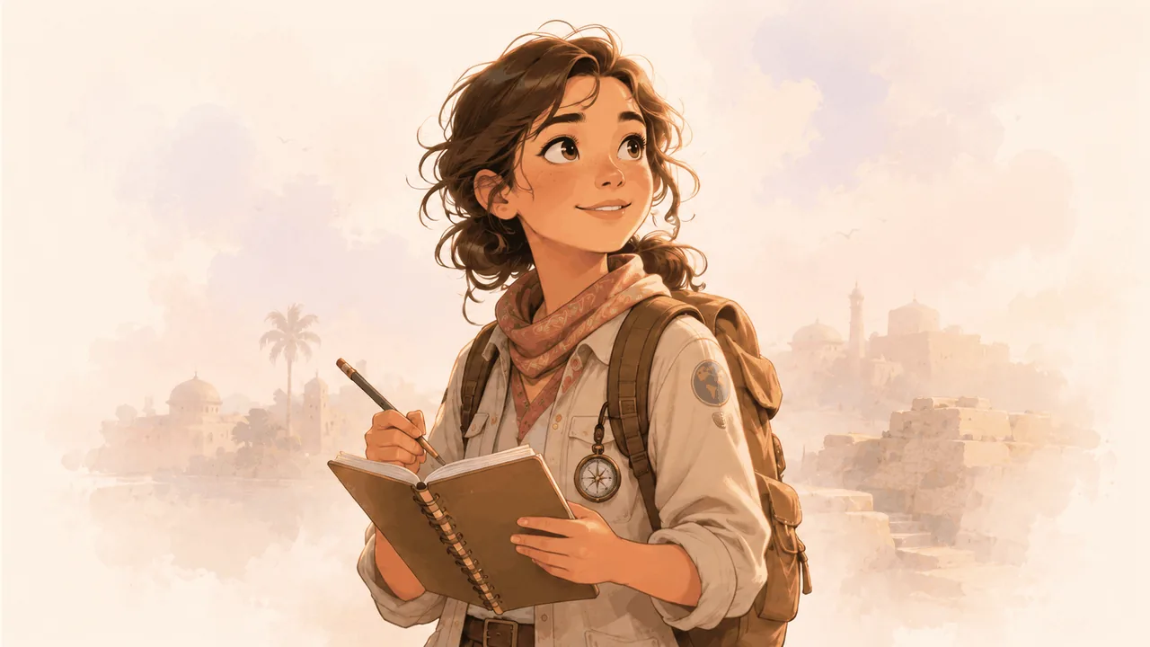 Anya's Temples Quest · an 11-year-old girl in a beige traveller's outfit with a notebook, a brass compass and a backpack, smiling against a pale watercolour skyline of domes and minarets.