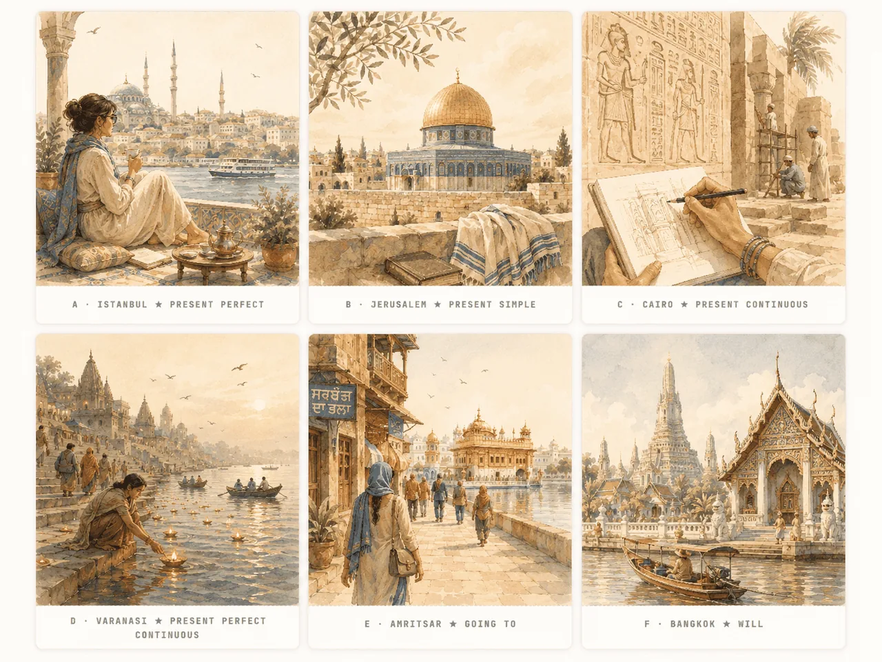 Six painted postcards laid out in a 2-by-3 grid. A · Istanbul · Present Perfect (a girl sketching the Blue Mosque across the Bosphorus). B · Jerusalem · Present Simple (the Dome of the Rock and the Western Wall). C · Cairo · Present Continuous (a hand drawing hieroglyphs in a notebook beside ancient temple stones). D · Varanasi · Present Perfect Continuous (a girl releasing a tiny candle into the Ganges at dawn). E · Amritsar · going to (the Golden Temple across the sacred pool, pilgrims walking the marble path). F · Bangkok · will (Wat Arun spires above a long-tail boat on the river).