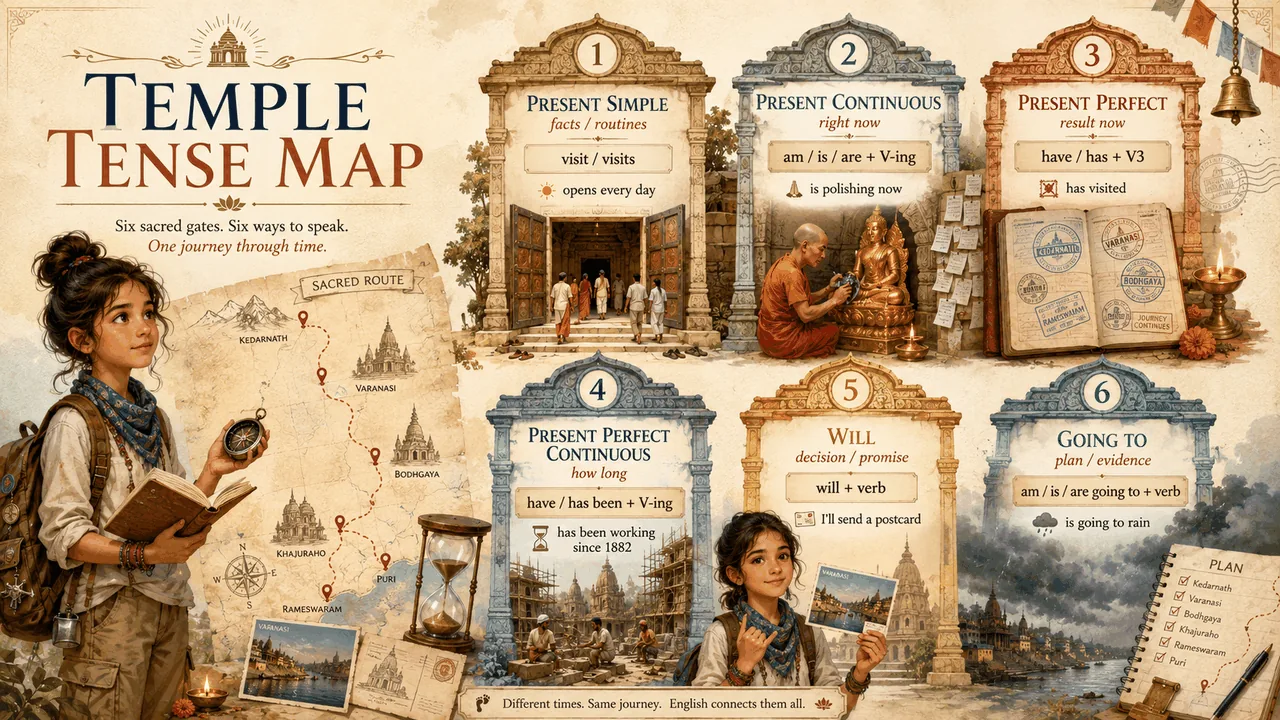 Temple Tense Map · Six sacred gates, six ways to speak. Visual one-page summary of Present Simple (facts/routines), Present Continuous (right now), Present Perfect (experience/result), Present Perfect Continuous (how long), Will (decided now / promise), Be Going To (plan / evidence). Each gate paired with one temple example.