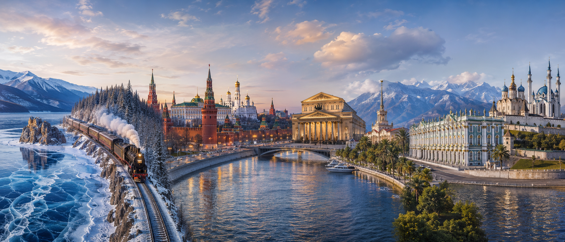 Panoramic collage of Russian landmarks — a steam train in the mountains, the Kremlin, the Bolshoi Theatre, the Winter Palace and the Kul Sharif Mosque under a soft sunset sky