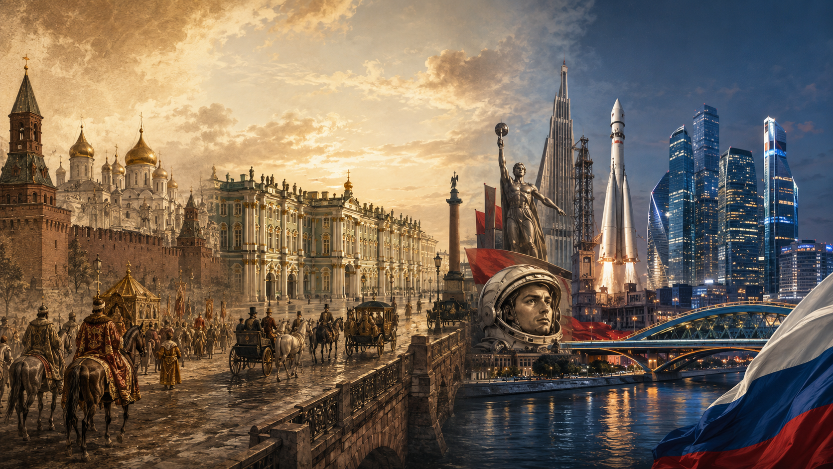 Panorama with Yuri Gagarin monument, Kremlin cathedrals, rocket, and Moscow-City skyscrapers under a golden sky with Russian tricolor