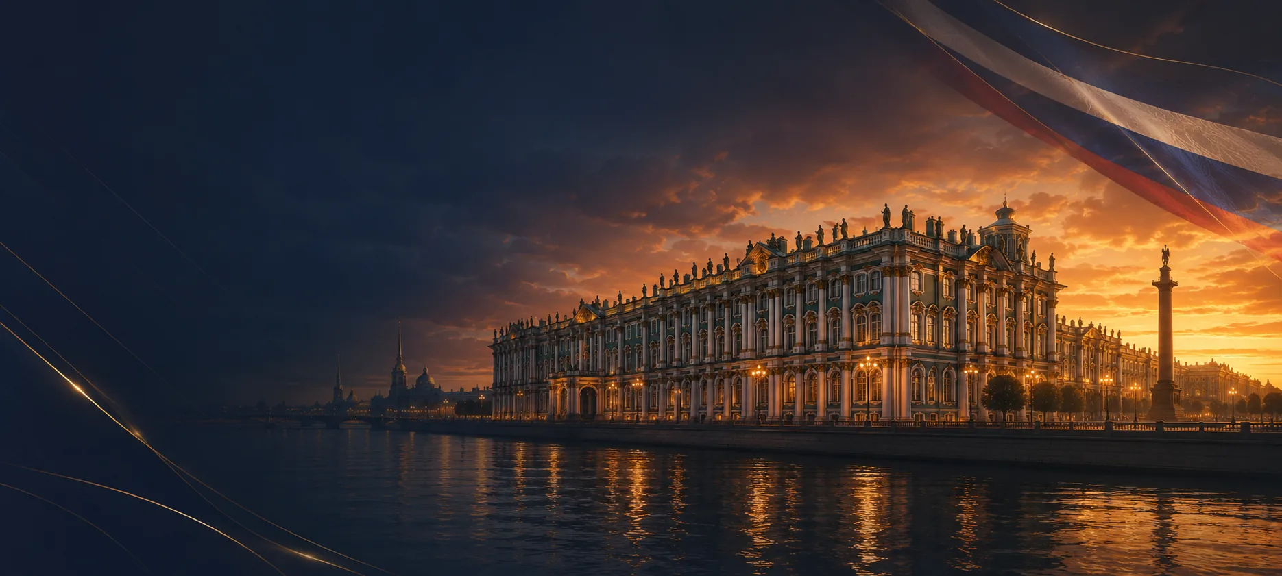 Winter Palace at sunset with Russian tricolor