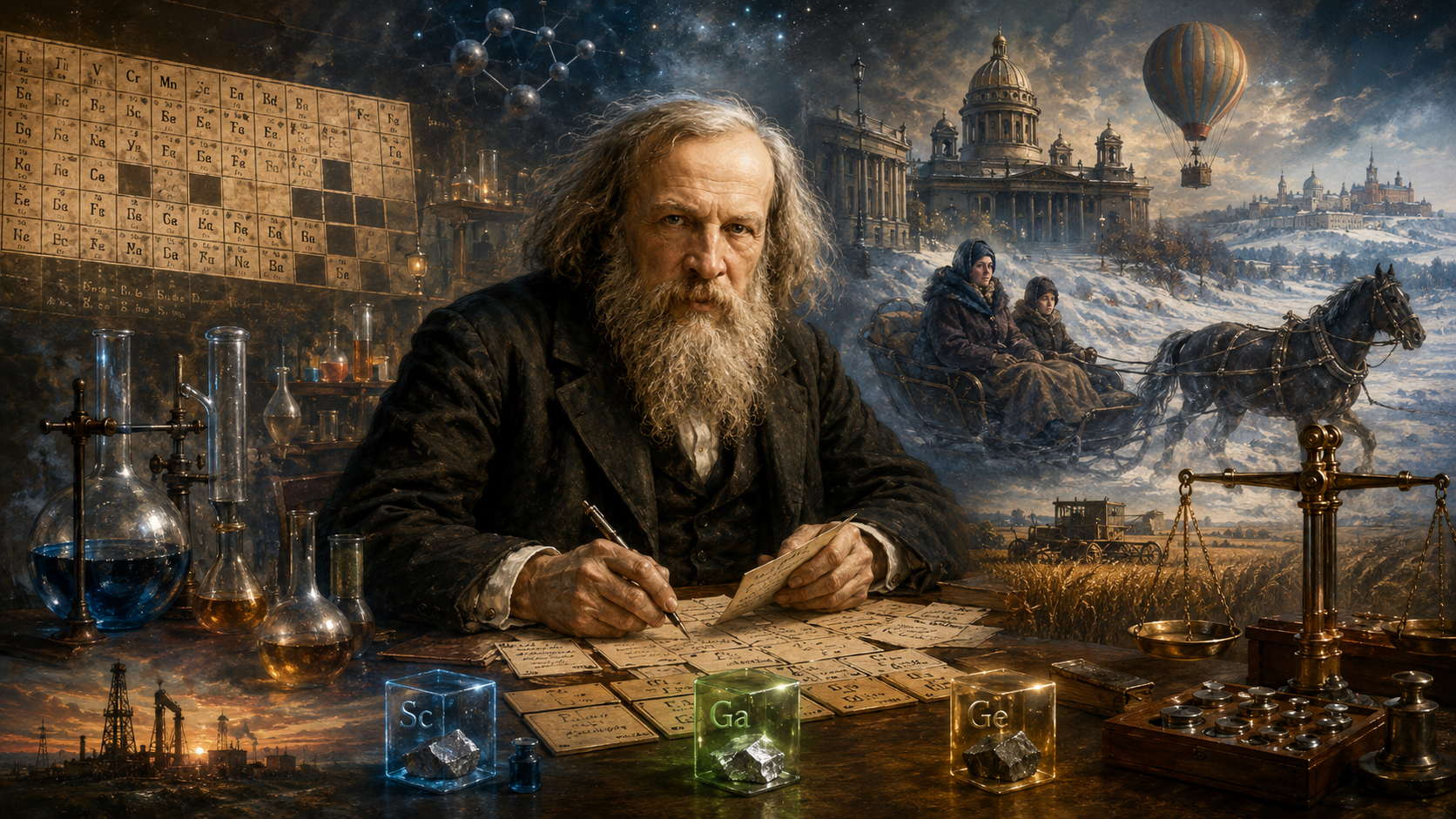 Dmitri Mendeleev at his desk with the periodic table on the wall, glass flasks with coloured liquids, cubes of Scandium Gallium and Germanium, brass scales, and a winter Saint Petersburg scene behind him with St Isaac's Cathedral and a hot-air balloon
