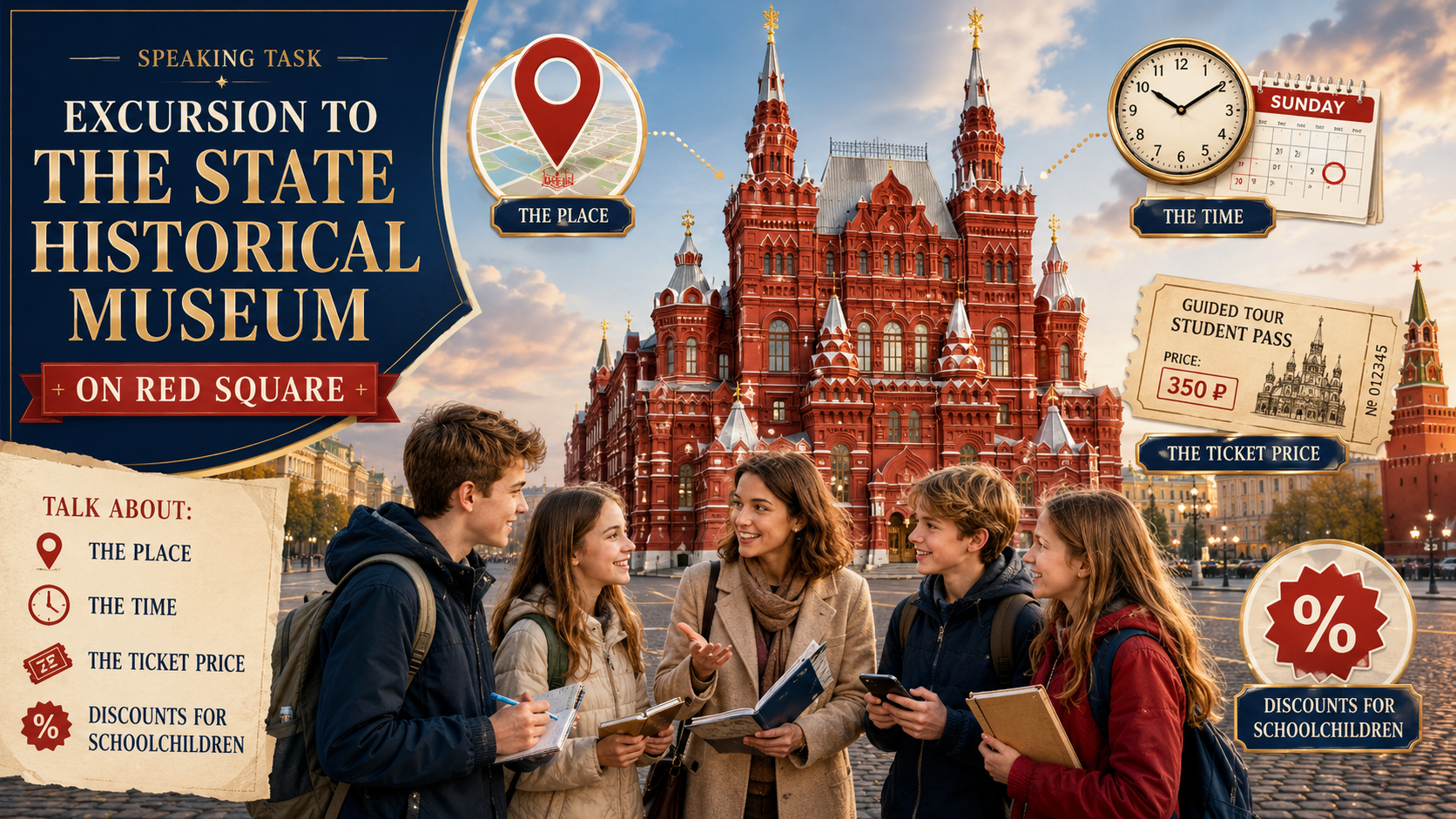 Advertisement · Speaking Task · Excursion to The State Historical Museum on Red Square · four key words: place, time, ticket price, discounts for schoolchildren