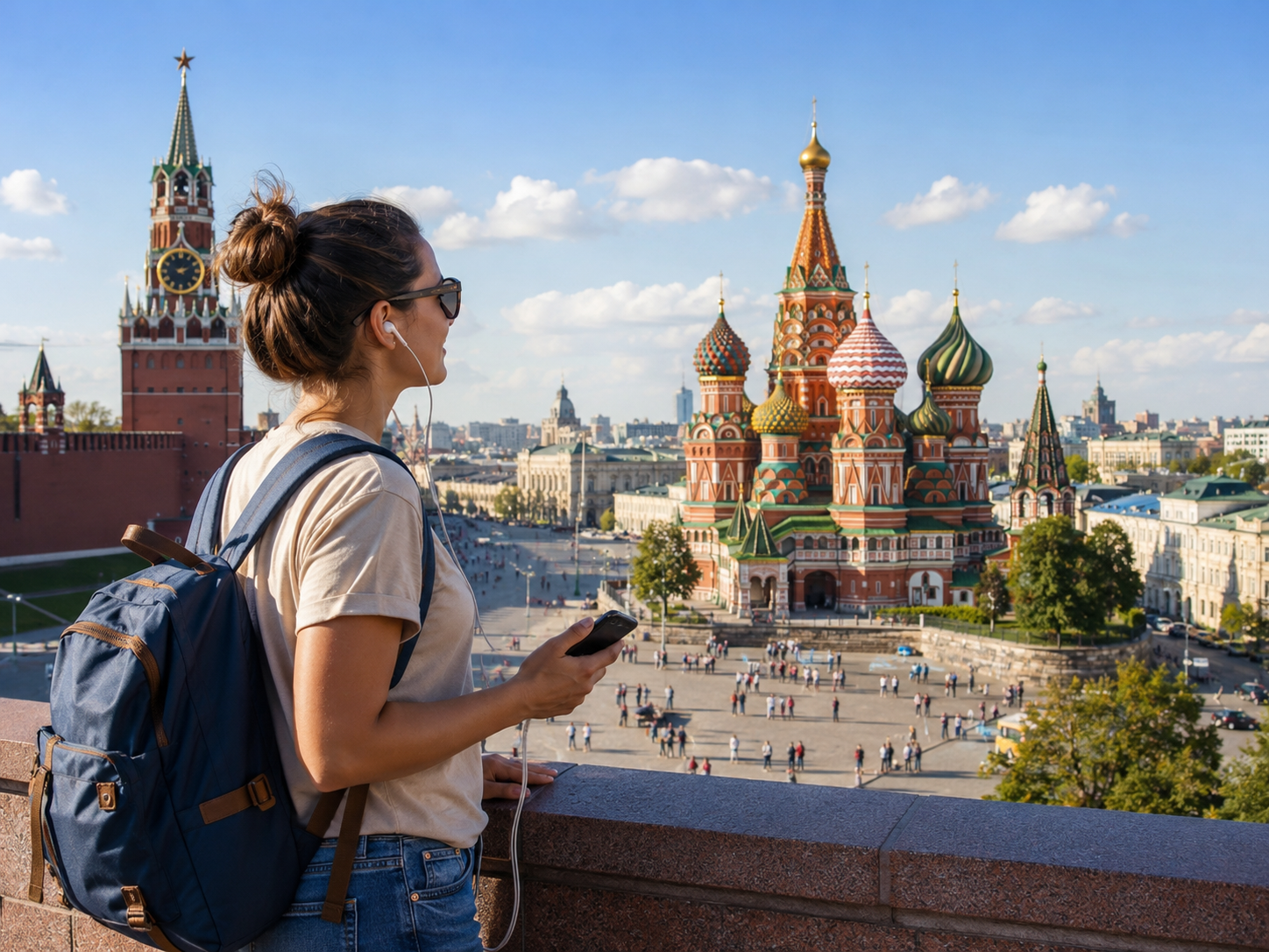 Photo 1 · A young tourist with headphones and a backpack looking at St Basil's Cathedral and the Kremlin on Red Square, exploring Moscow independently with an audio guide
