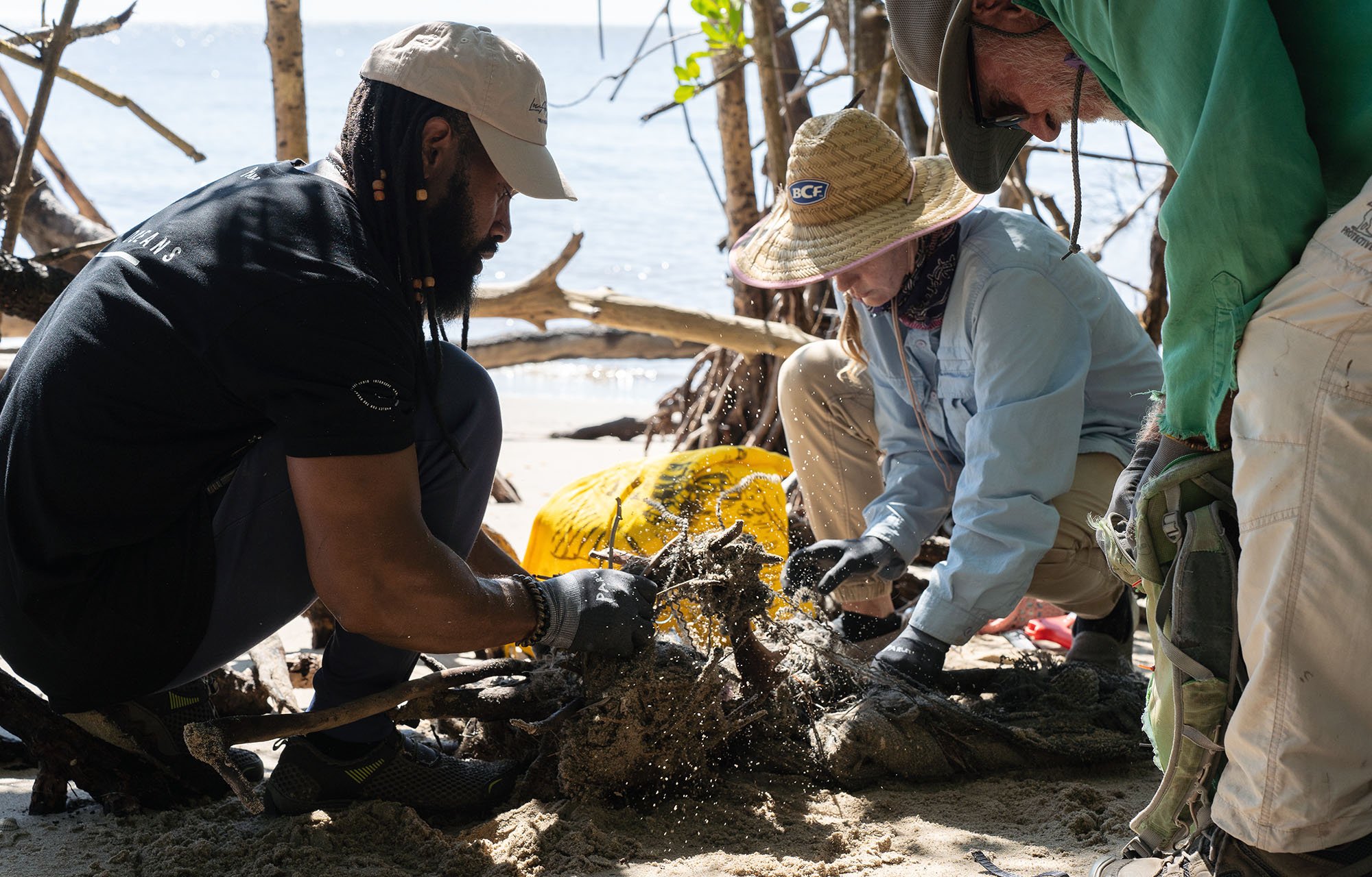 Volunteers collecting plastic waste during a coastal cleanup