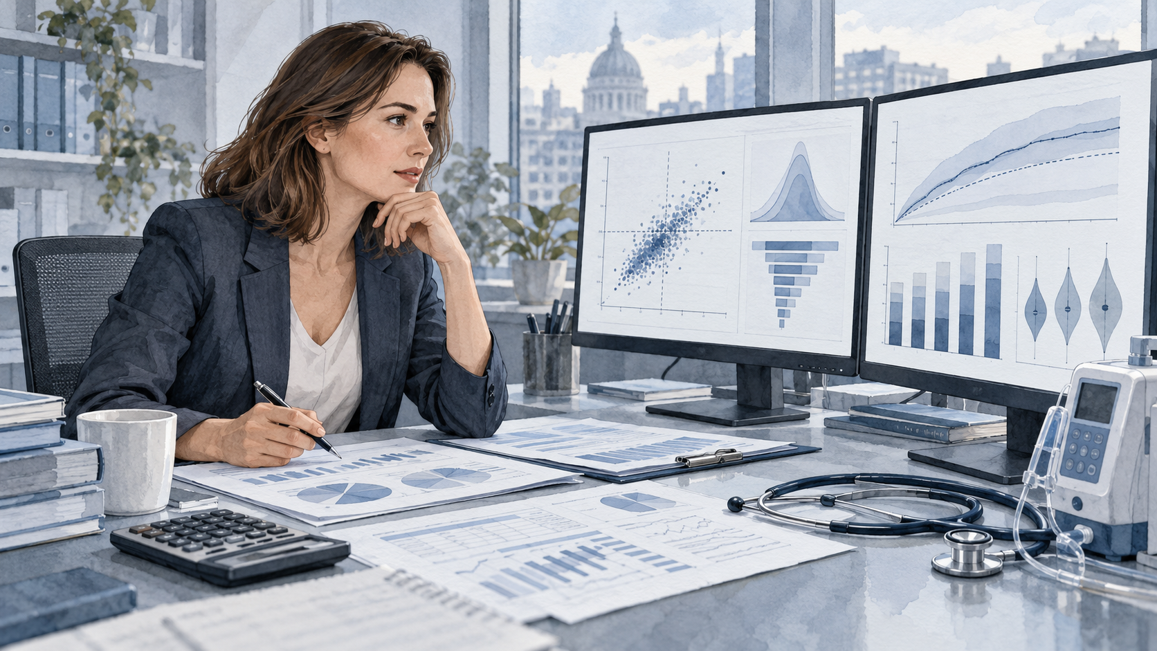 Three monitors with Kaplan-Meier curves, violin plots and scatter charts, a stethoscope on the desk — the exact overlap of clinical insight and health-economics analytics the analyst role lives on
