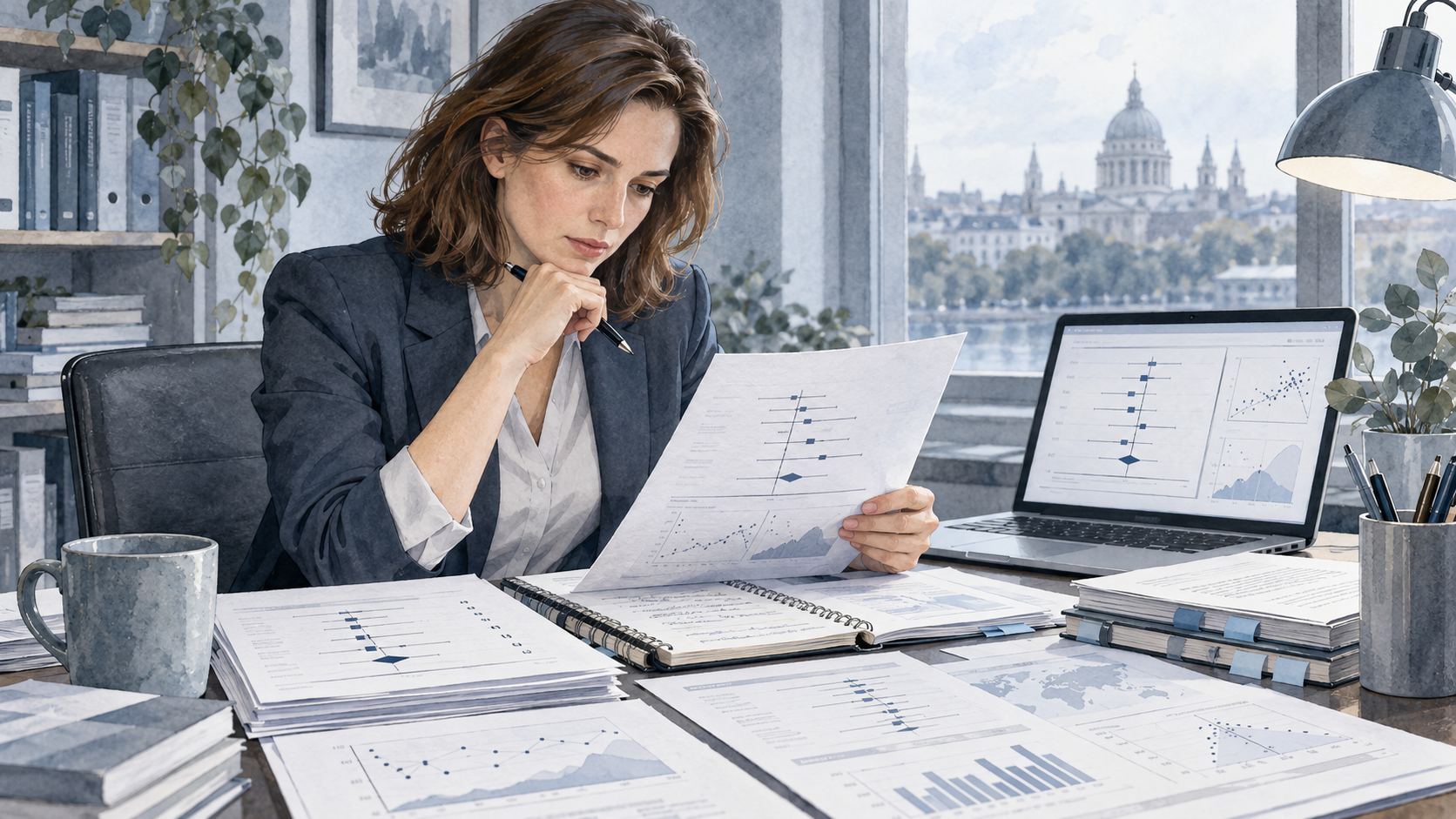 Ekaterina at her desk reading a clinical trial paper with forest plots, laptop open to meta-analysis dashboards, London skyline through the window — the daily shape of medical-analyst work