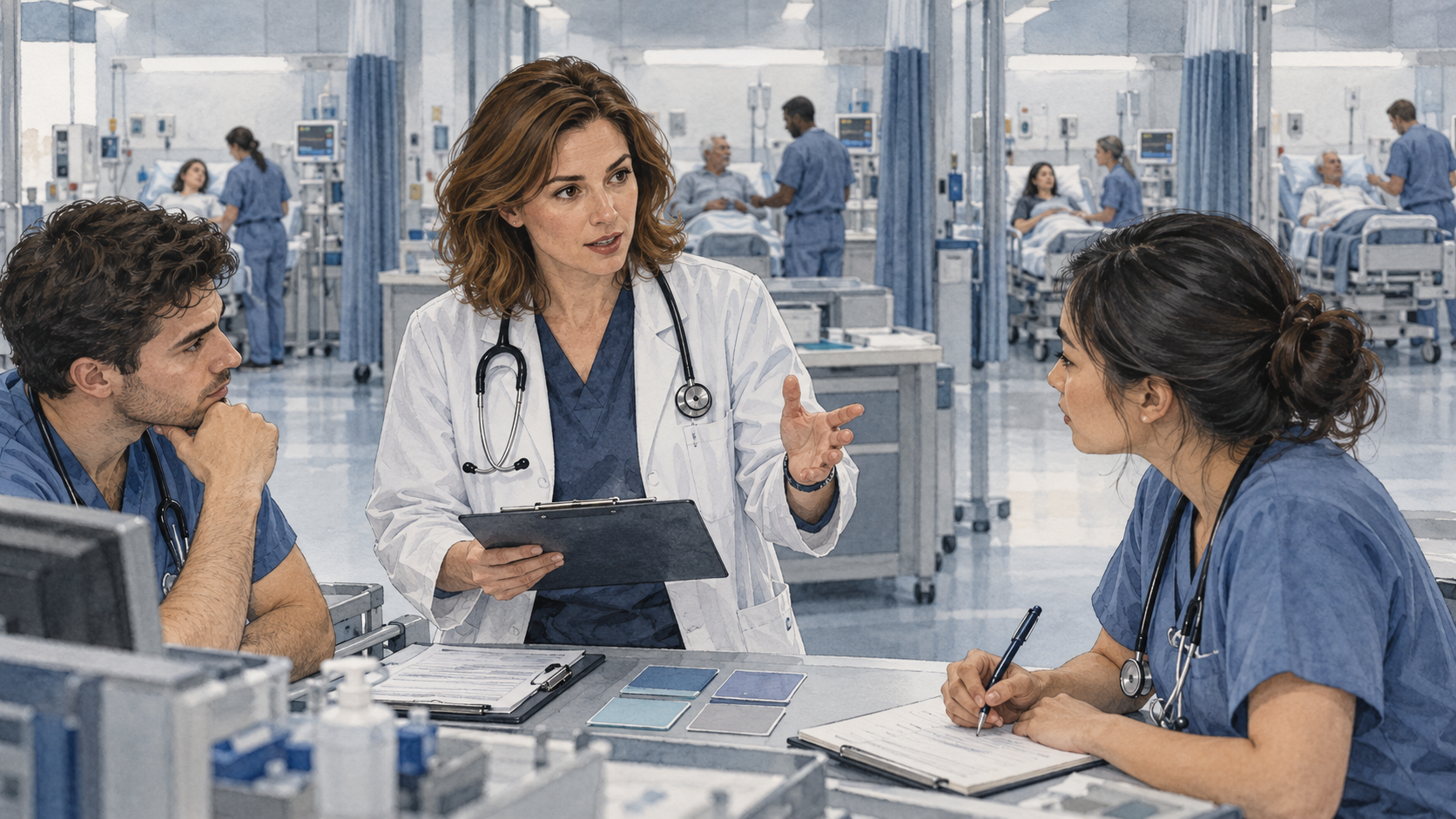 Ekaterina in a white coat with stethoscope briefing two residents in an ICU bay — the live source material for every clinical STAR story in this block