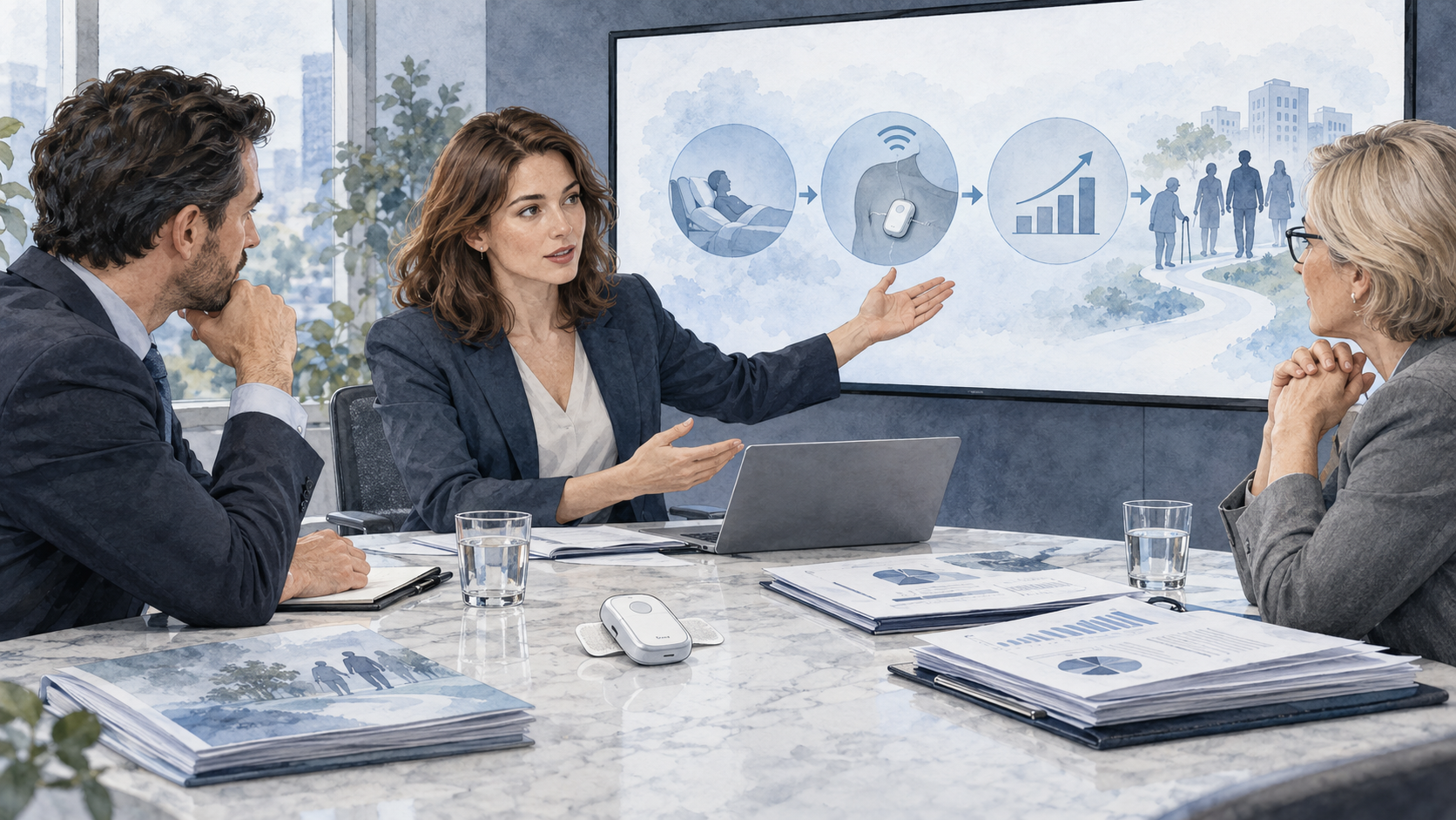 A reimbursement consulting team at MTRC presenting a patient-journey diagram to a client across a boardroom table — the room you want to be in after the HR screen succeeds