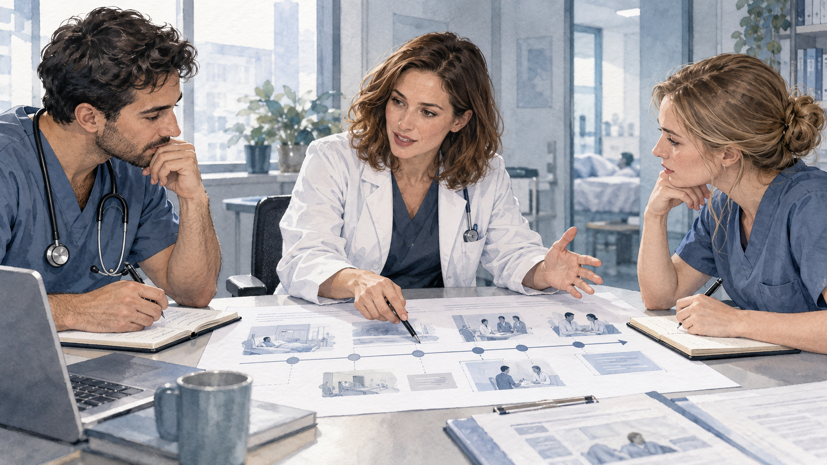 Ekaterina with two junior residents in white coats, discussing a case storyboard around a table — the clinical teaching moment that becomes a stakeholder-management STAR story