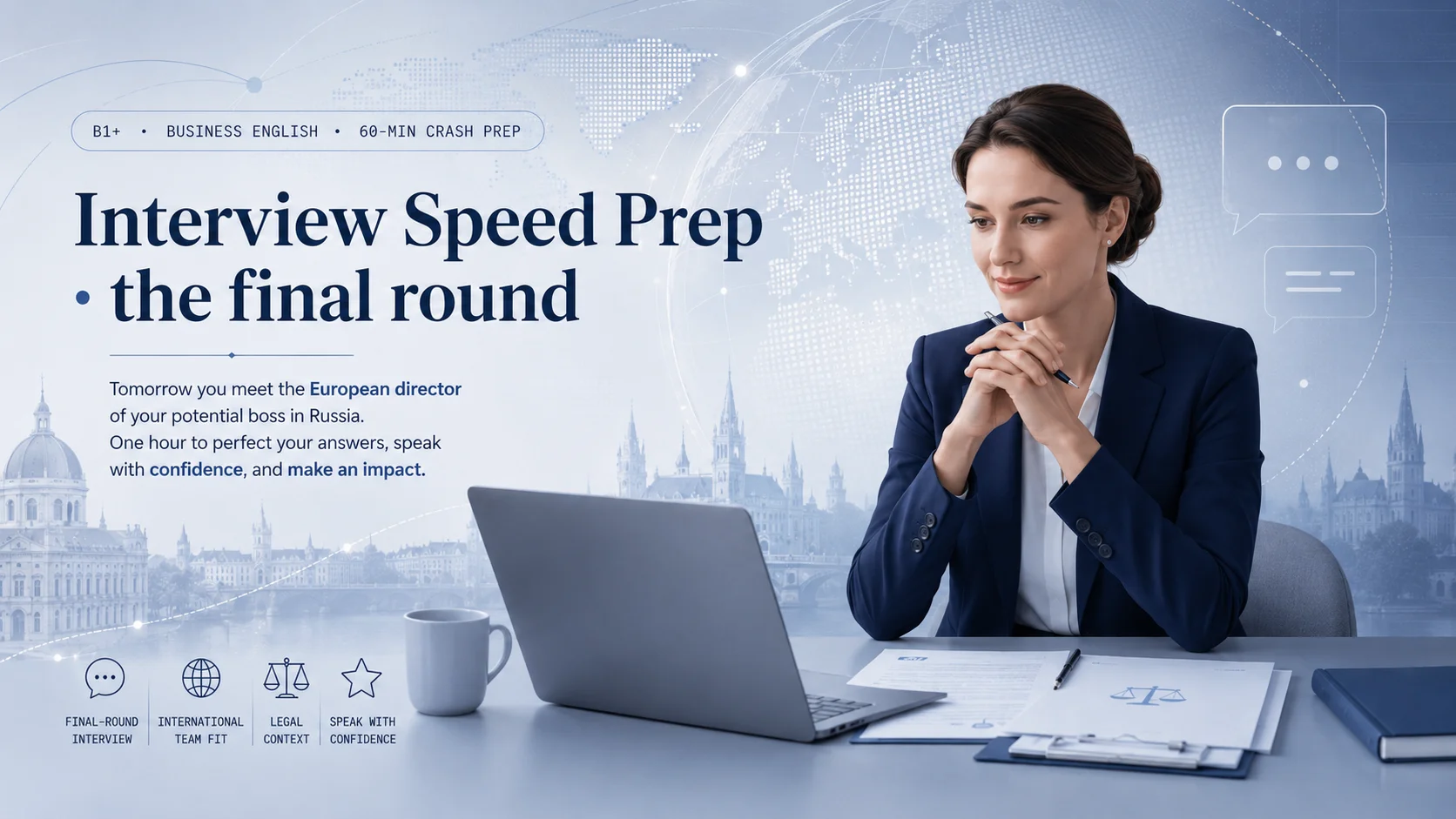 Interview Speed Prep banner: B1+ business English, 60-minute crash prep for the final-round interview with the European director of your potential boss in Russia. Title 'Interview Speed Prep · the final round'. Chips: Final-round interview, International team fit, Legal context, Speak with confidence.