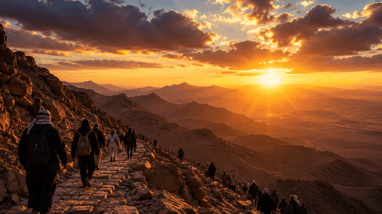 Mount Sinai at sunrise with pilgrims