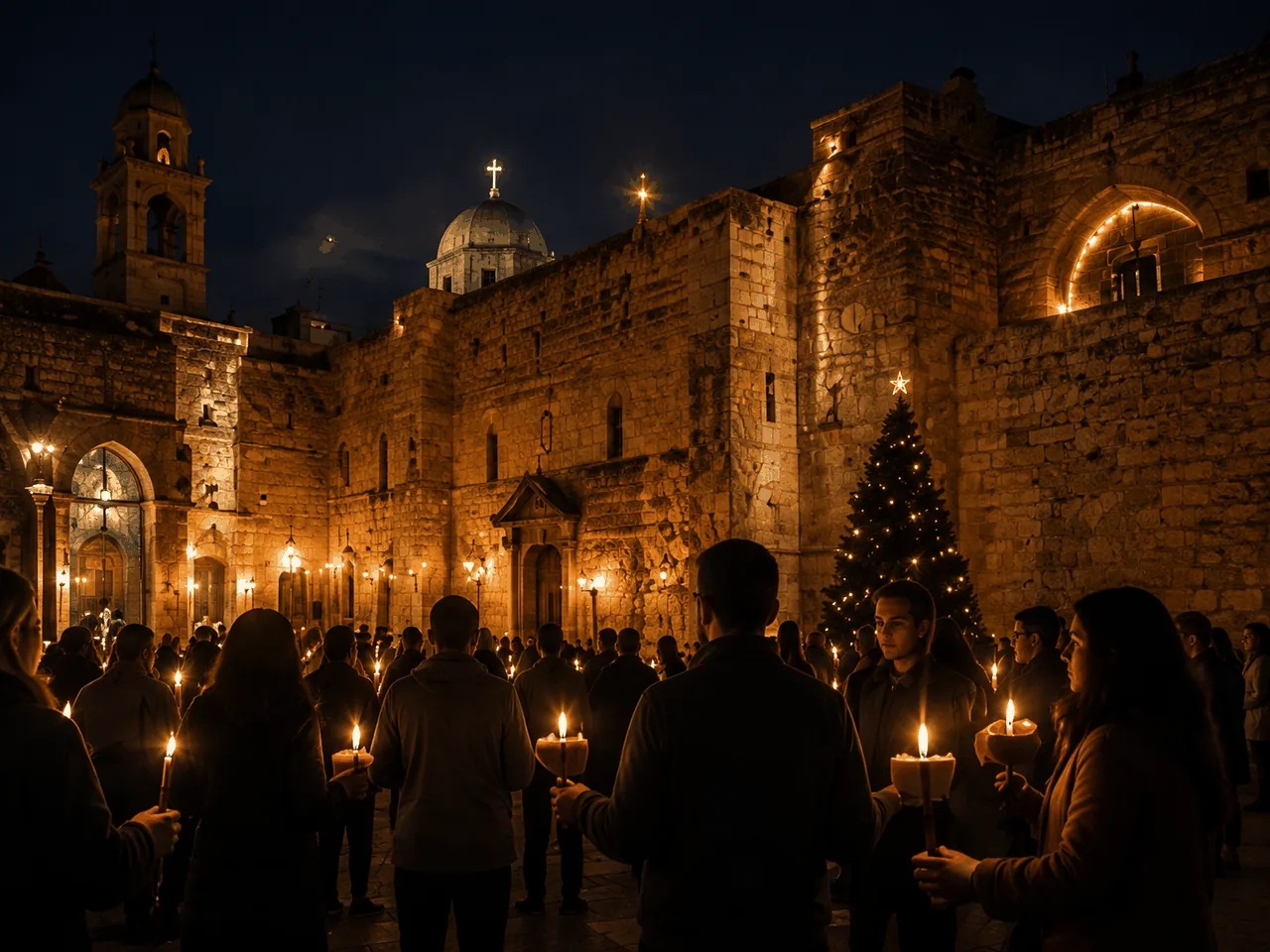 Bethlehem at night with pilgrims and candles