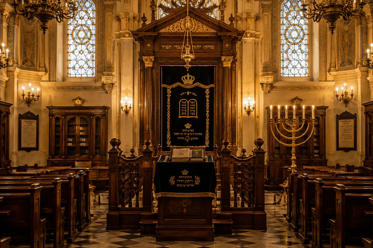 Synagogue interior with Torah ark and menorah