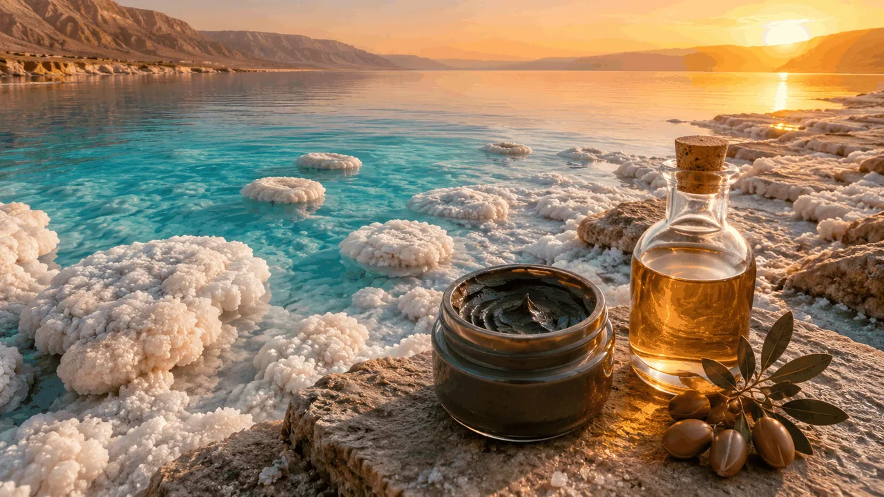 Dead Sea — mineral-rich water, white salt crystals on the shore