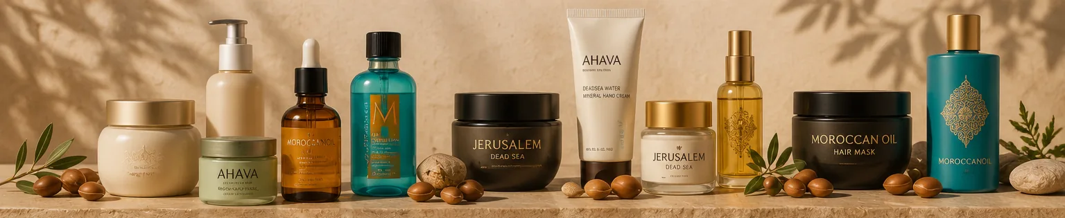 Lineup of Israeli and Moroccan beauty products: Ahava, Moroccan Oil, Argan-based serums