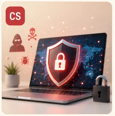 Cybersecurity shield on a laptop, world map of threats