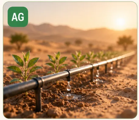 Drip irrigation in the desert — young plants growing along a black pipe