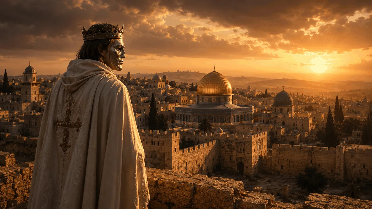 Baldwin IV with a silver mask — medieval Jerusalem at sunset