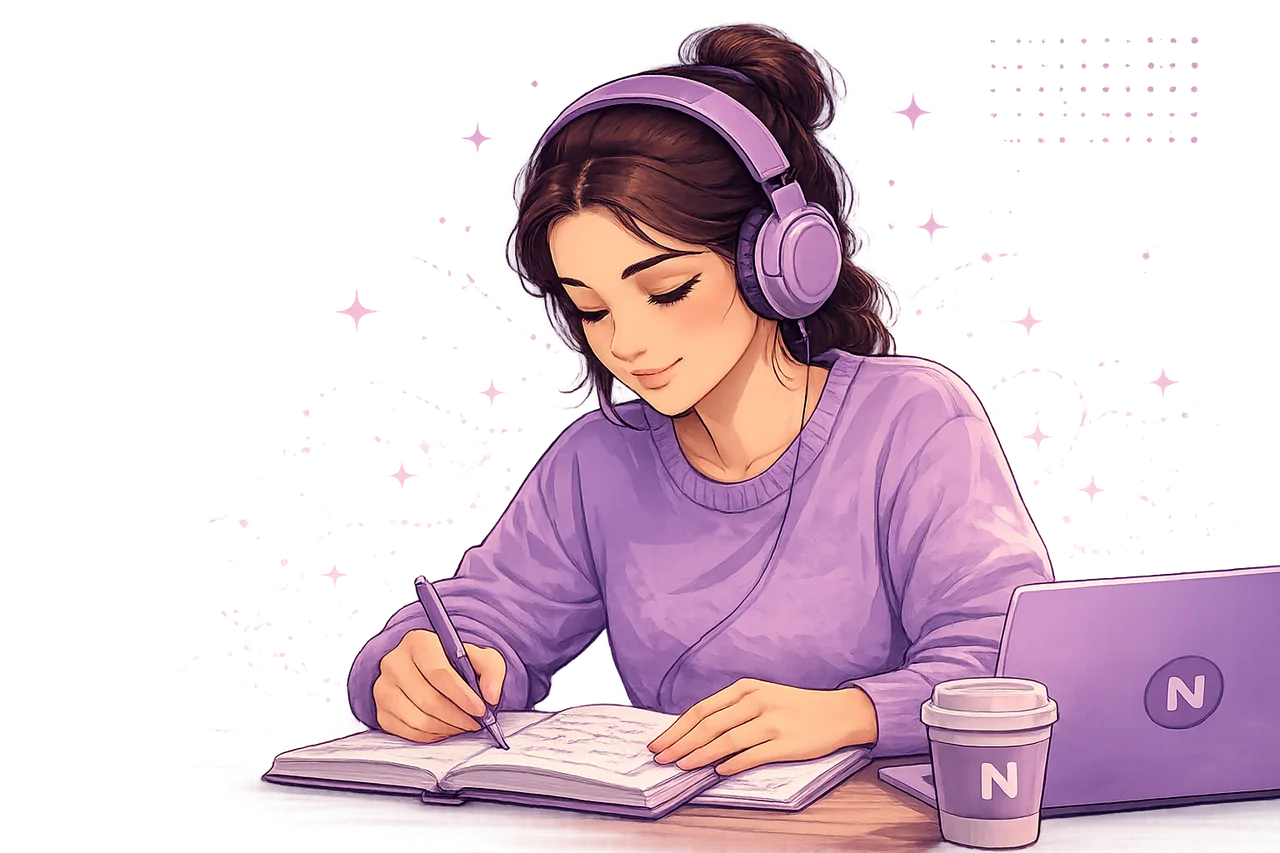 Young student in headphones writing in a notebook, soft purple study mood