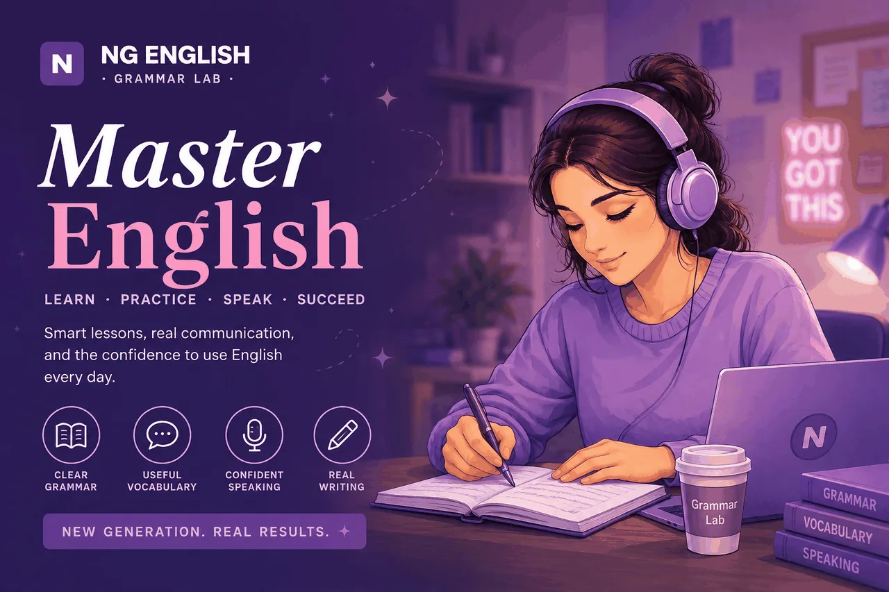 NG English Grammar Lab — Master English. Learn, practise, speak, succeed. A young woman in headphones writing in a notebook, a laptop and coffee cup beside her, soft purple study scene.