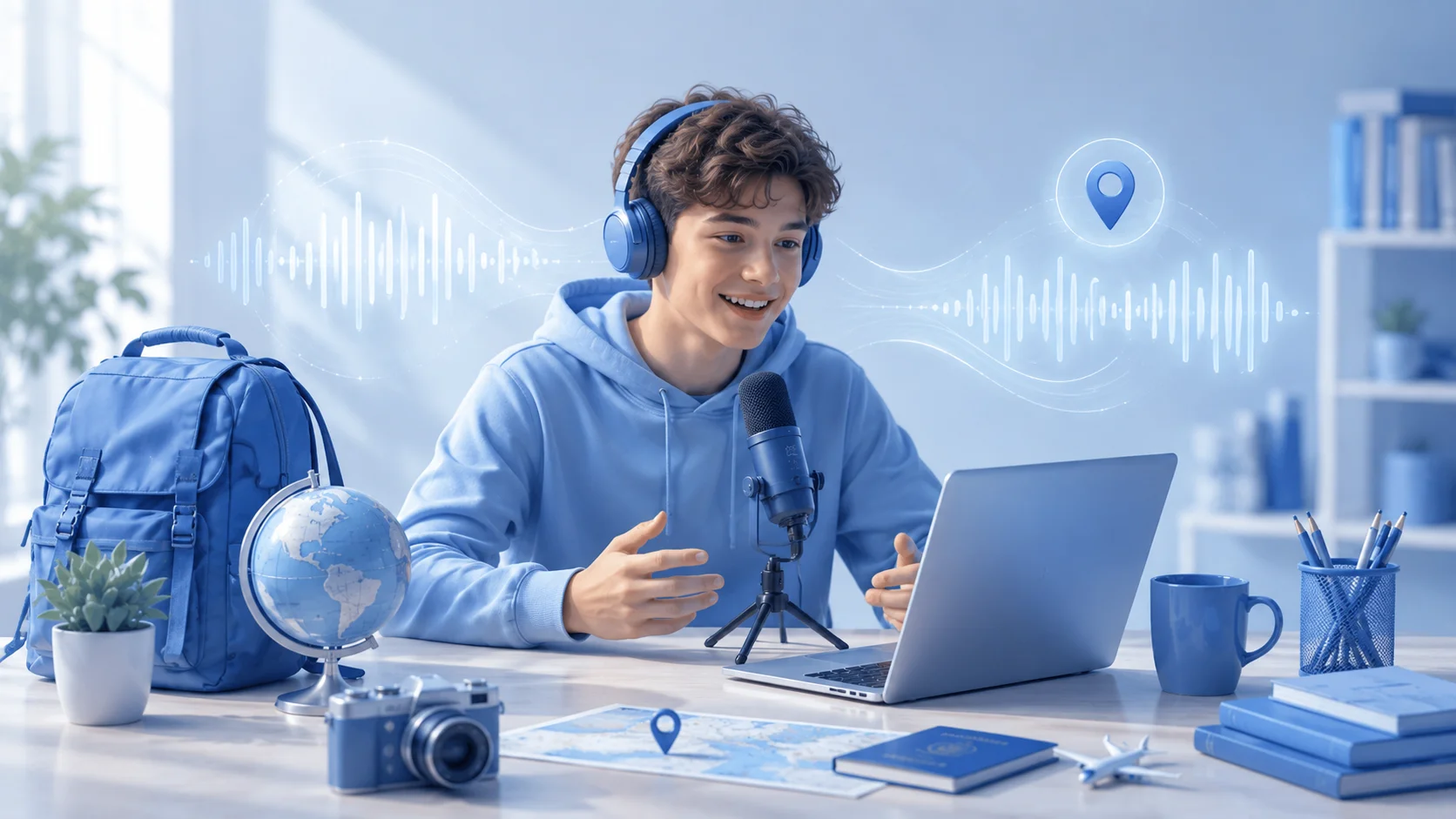 Teen with microphone and headphones recording a podcast