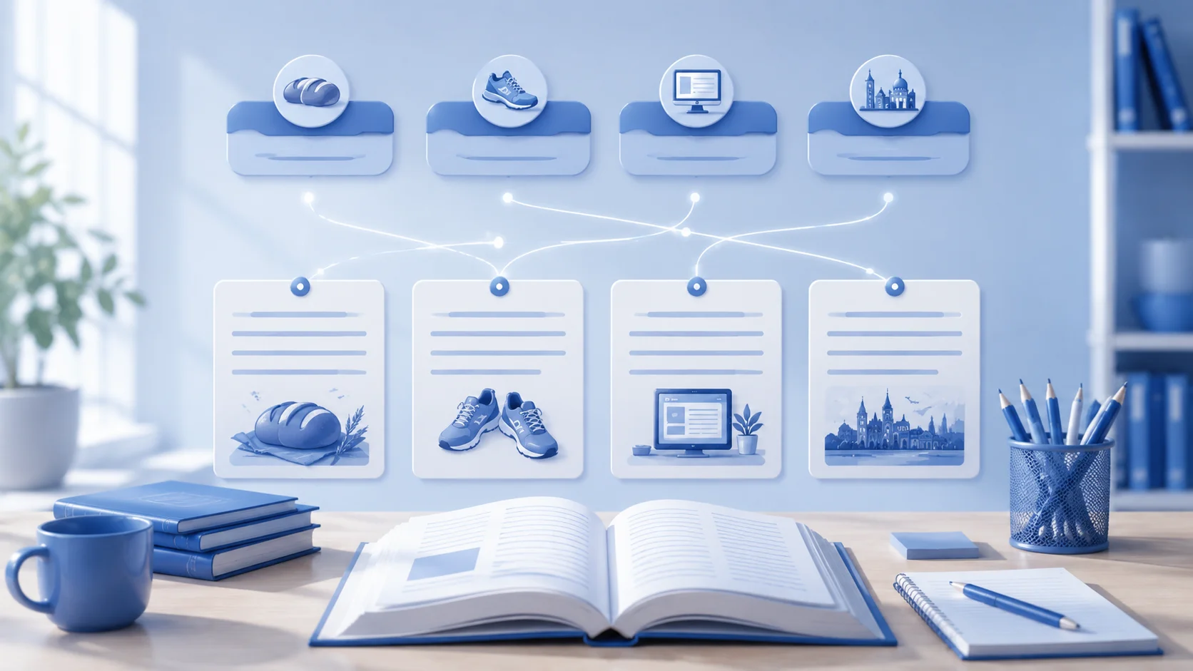 Open notebook with topic icons connected by lines