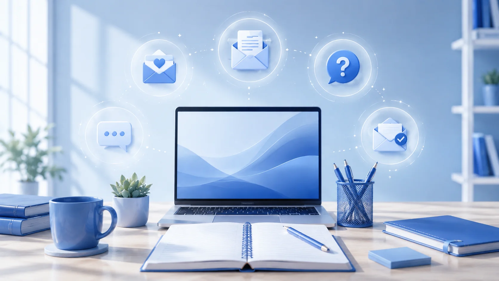 Laptop on a desk with email icons floating above the screen