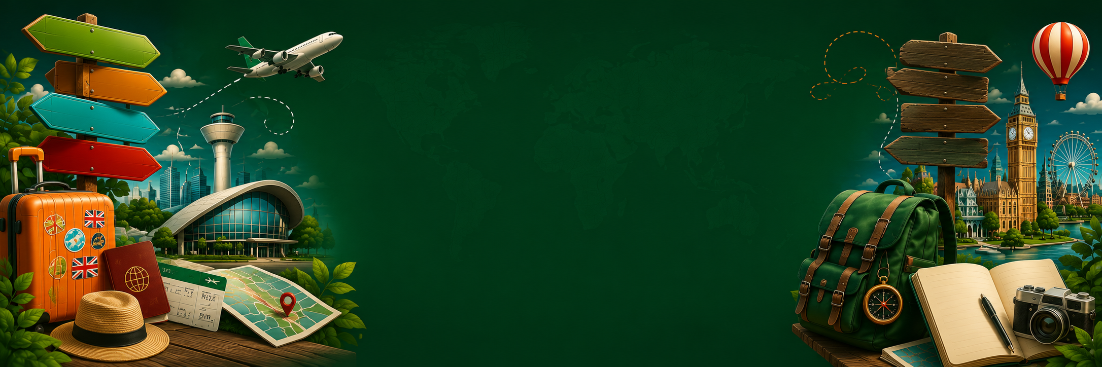 Travel-themed hero banner — dark green background with a suitcase and colourful signposts on the left, an airplane, control tower and city skyline in the middle, and a backpack, compass, notebook, camera, hot-air balloon and Big Ben on the right. Travel-flavour cover for the Questions Deep Dive lesson.
