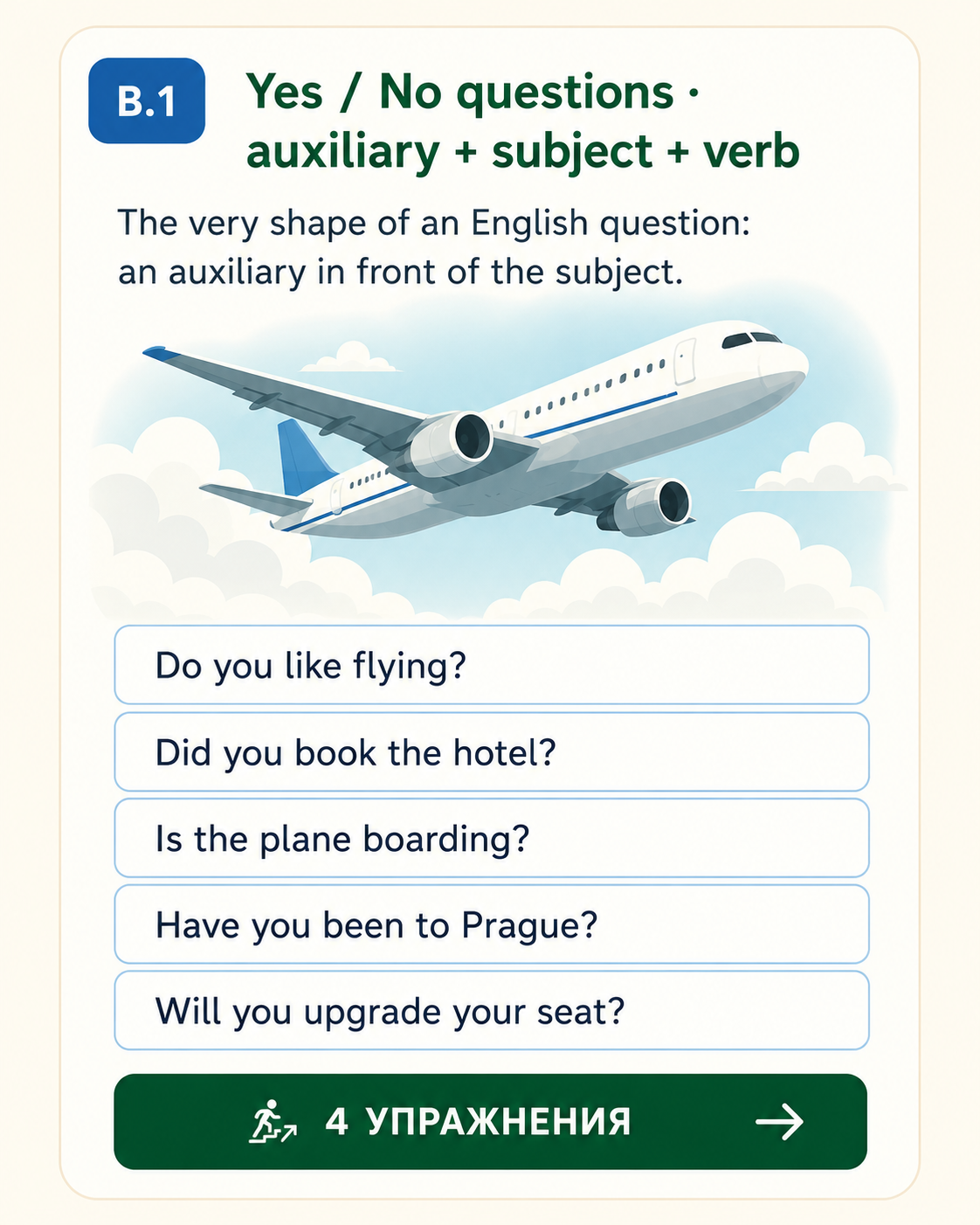 B.1 · Yes / No questions — auxiliary + subject + verb. The very shape of an English question: an auxiliary in front of the subject. Airplane in sky. Sample questions: Do you like flying? · Did you book the hotel? · Is the plane boarding? · Have you been to Prague? · Will you upgrade your seat?