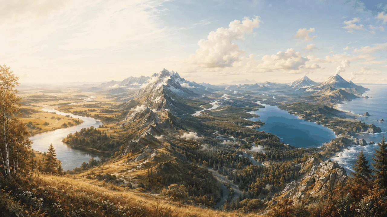 Russian geography panorama · mountains, river, lake, forest