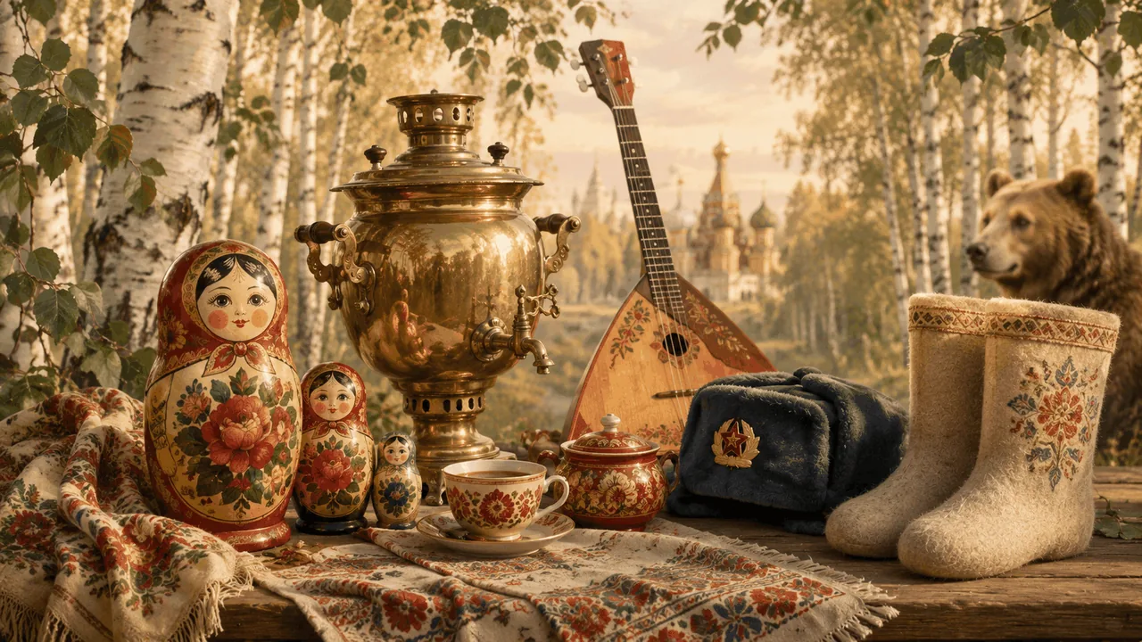 Russian symbols still life · matryoshka, samovar, balalaika, valenki, ushanka, bear