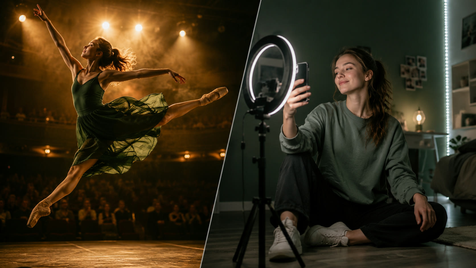 Topic mood board: a young dancer mid-leap on a real theatre stage on the left, a young dancer sitting on the floor of her bedroom filming a video with a ring light on the right