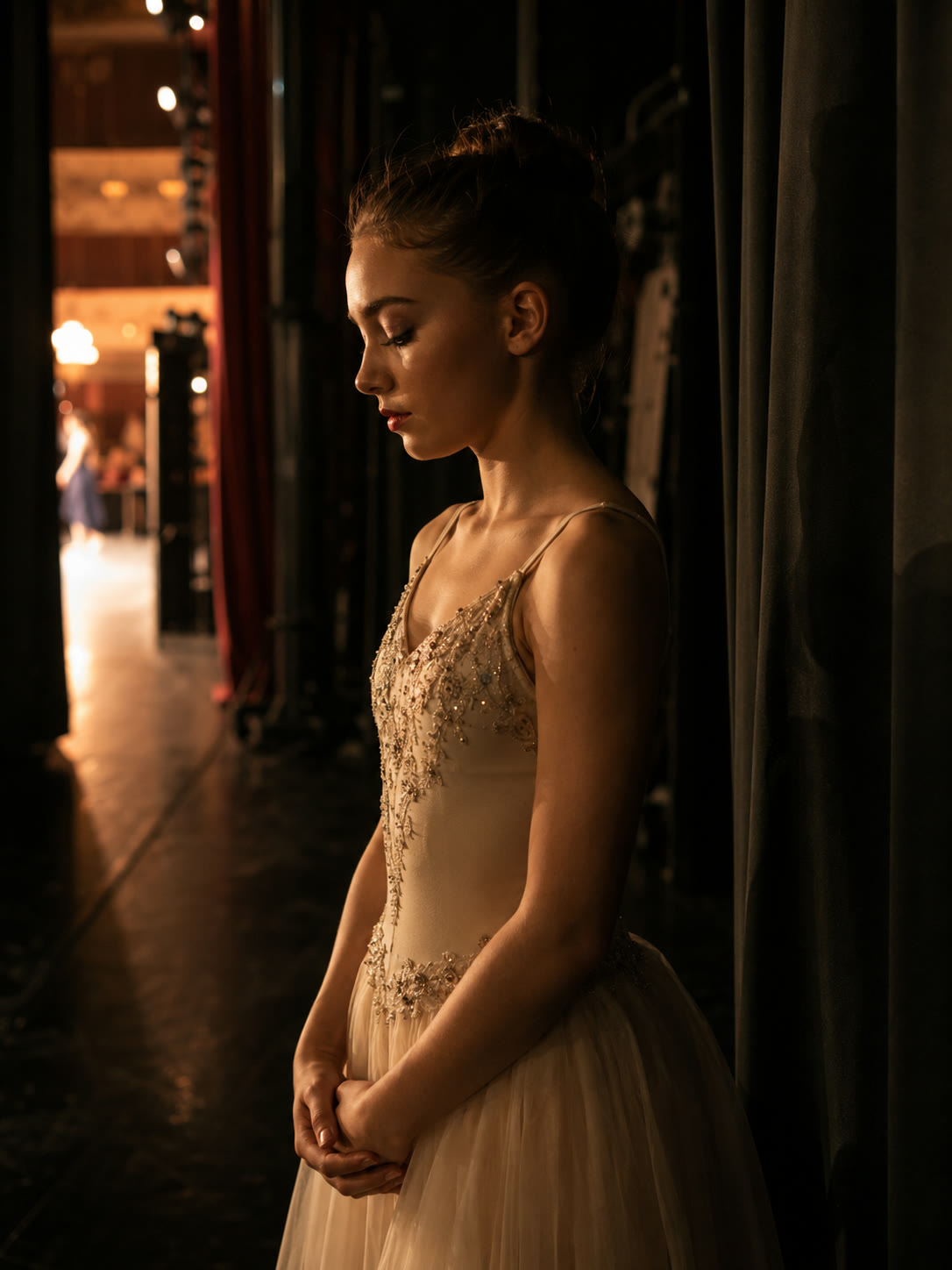 A young dancer in costume, standing in the wings of a theatre, just before going on stage