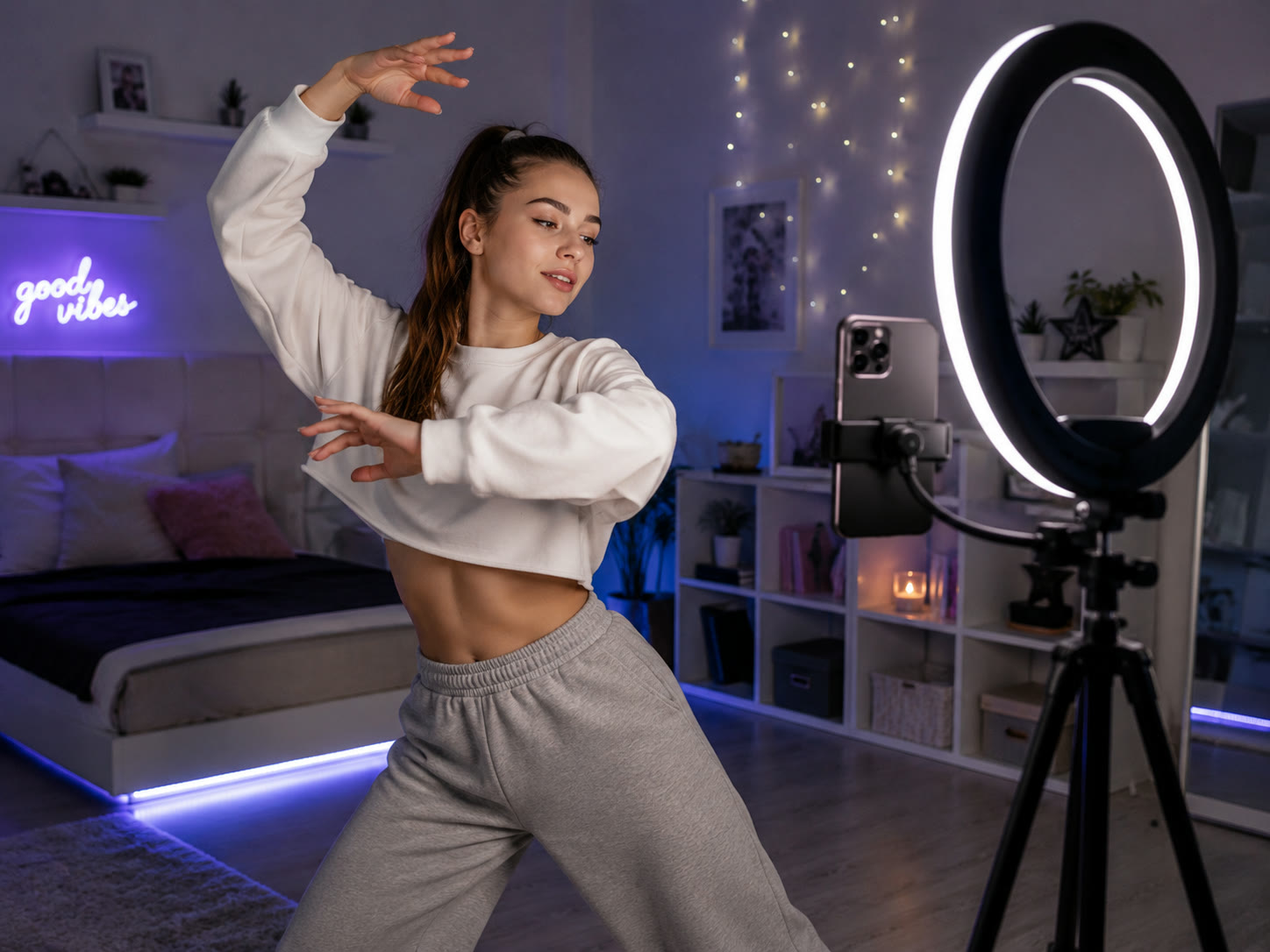 Photo B: A dancer filming a short video at home with a ring light