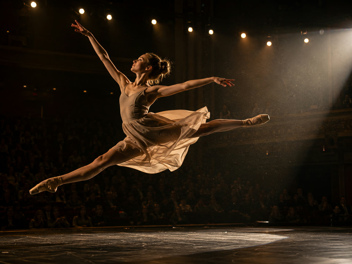 Photo A: A dancer performing live on a real stage with audience in the dark